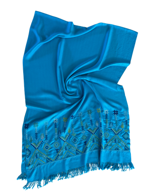 The Embroidered Scarf in Blue Wool