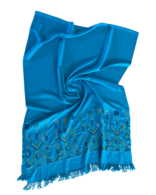 The Embroidered Scarf in Blue Wool