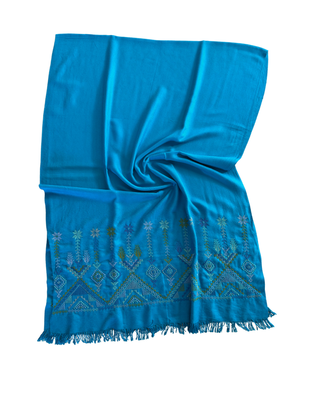The Embroidered Scarf in Blue Wool