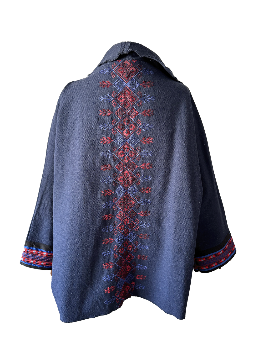 The Round Jacket in Navy Blue Egyptian Cotton With Red Hand Embroidery
