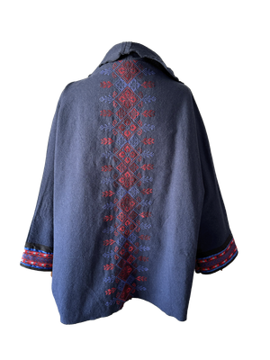 The Round Jacket in Navy Blue Egyptian Cotton With Red Hand Embroidery