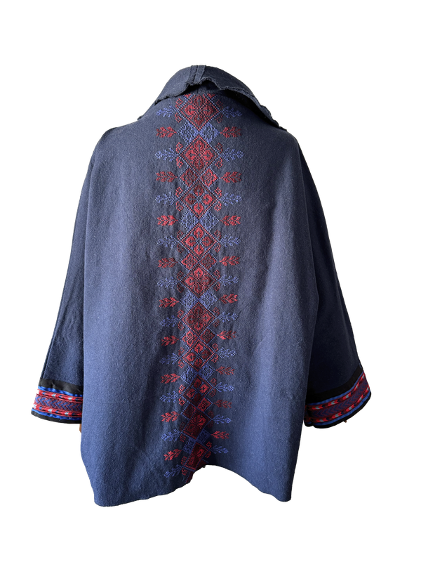 The Round Jacket in Navy Blue Egyptian Cotton With Red Hand Embroidery