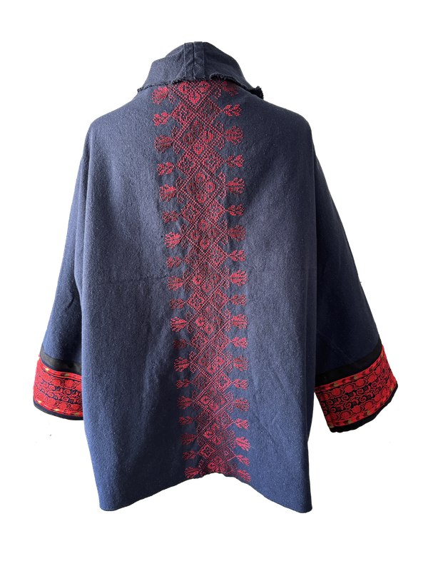 The Round Jacket in Navy Blue Egyptian Cotton With Hand Embroidery