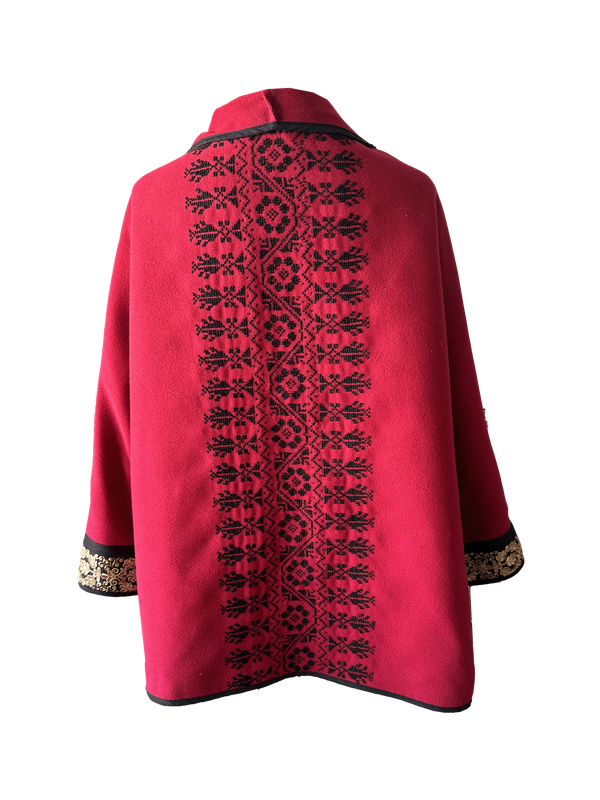 The Round Jacket in Red Wool With Hand Embroidery