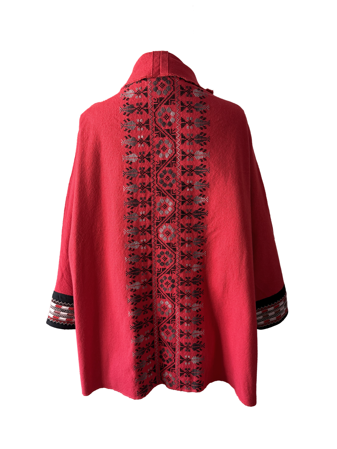 The Round Jacket in Red Egyptian Cotton With Black Hand Embroidery
