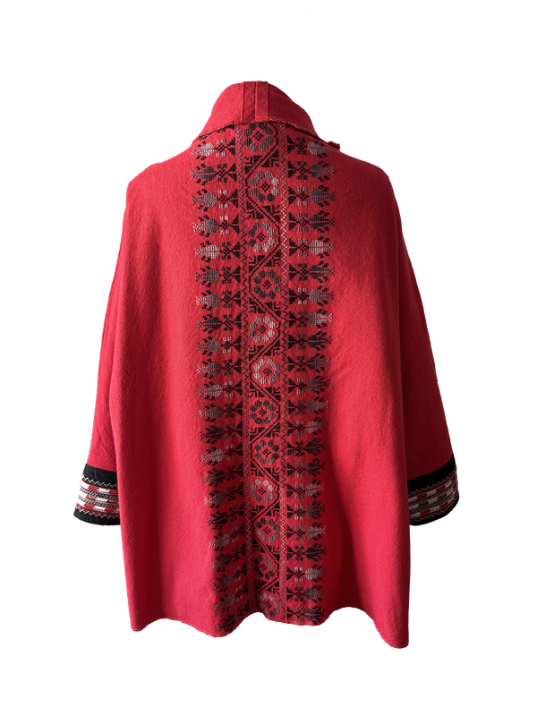 The Round Jacket in Red Egyptian Cotton With Black Hand Embroidery