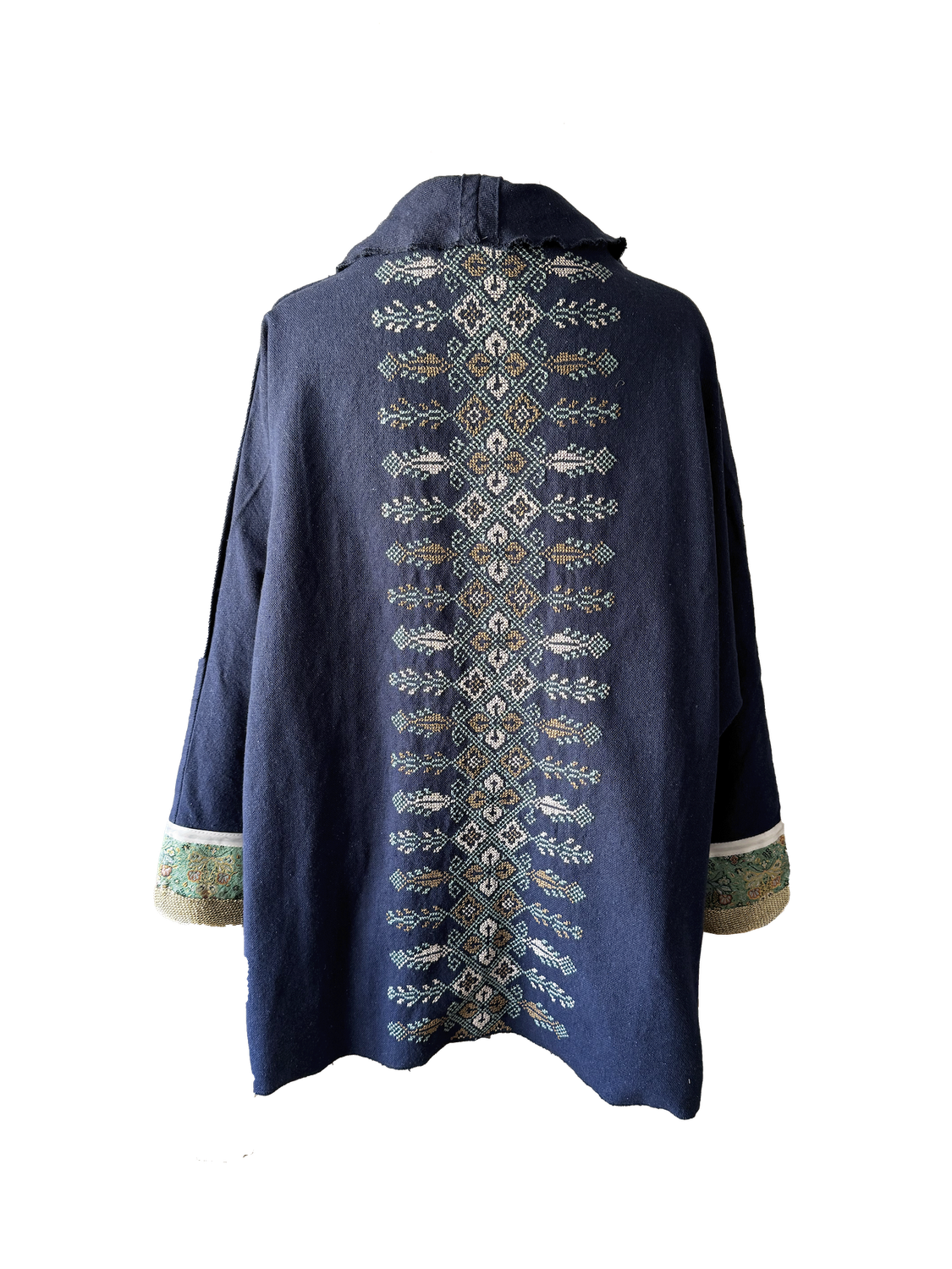 The Round Jacket in Navy Blue Egyptian Cotton With Green Hand Embroidery