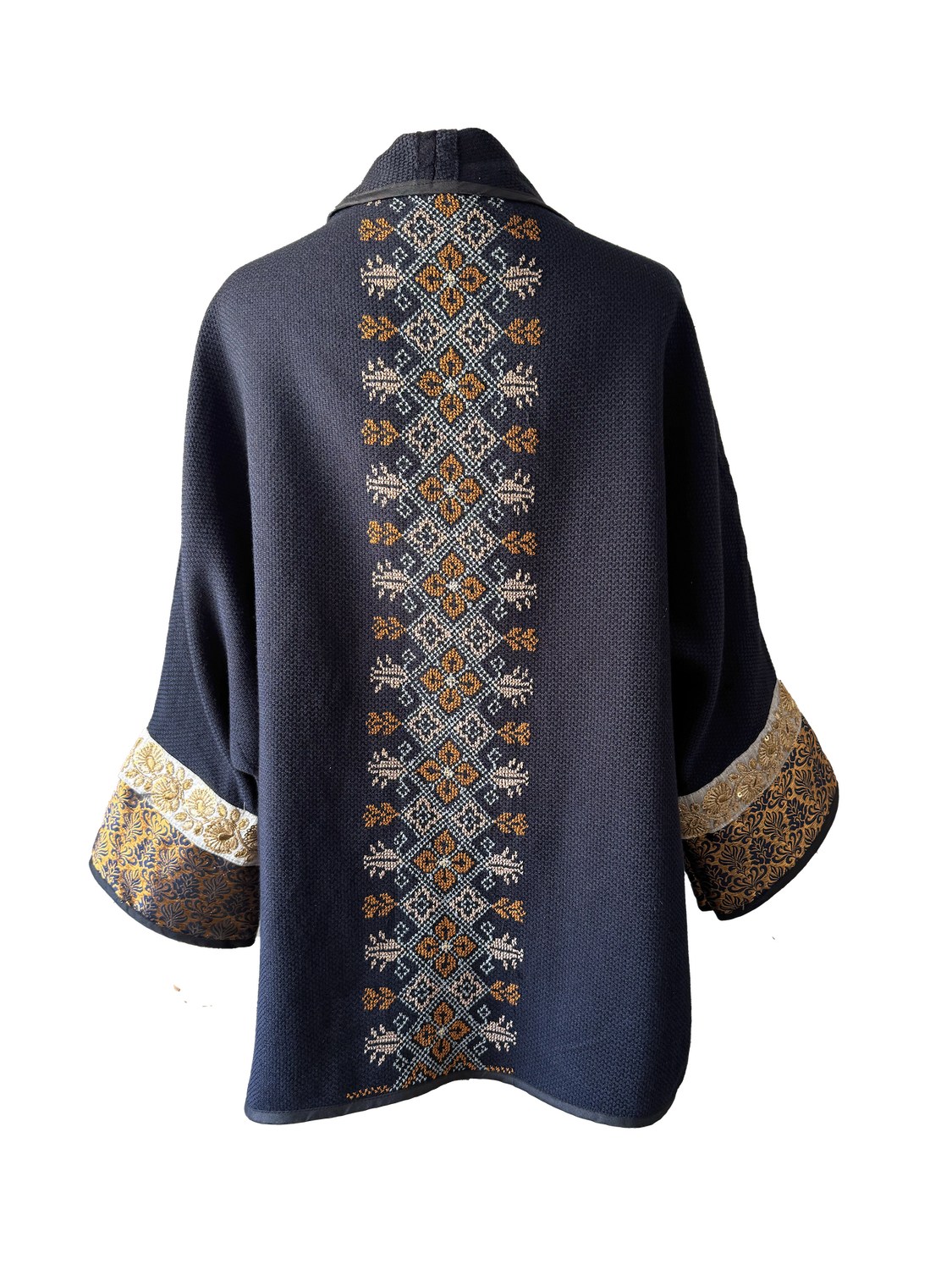The Round Jacket in Navy Blue With Beige Hand Embroidery