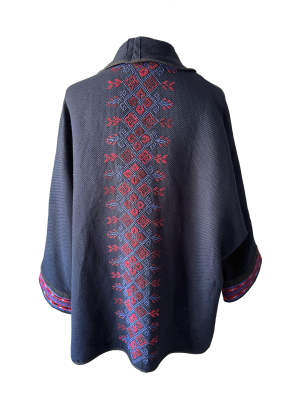 The Round Jacket in Navy Blue With Red Hand Embroidery
