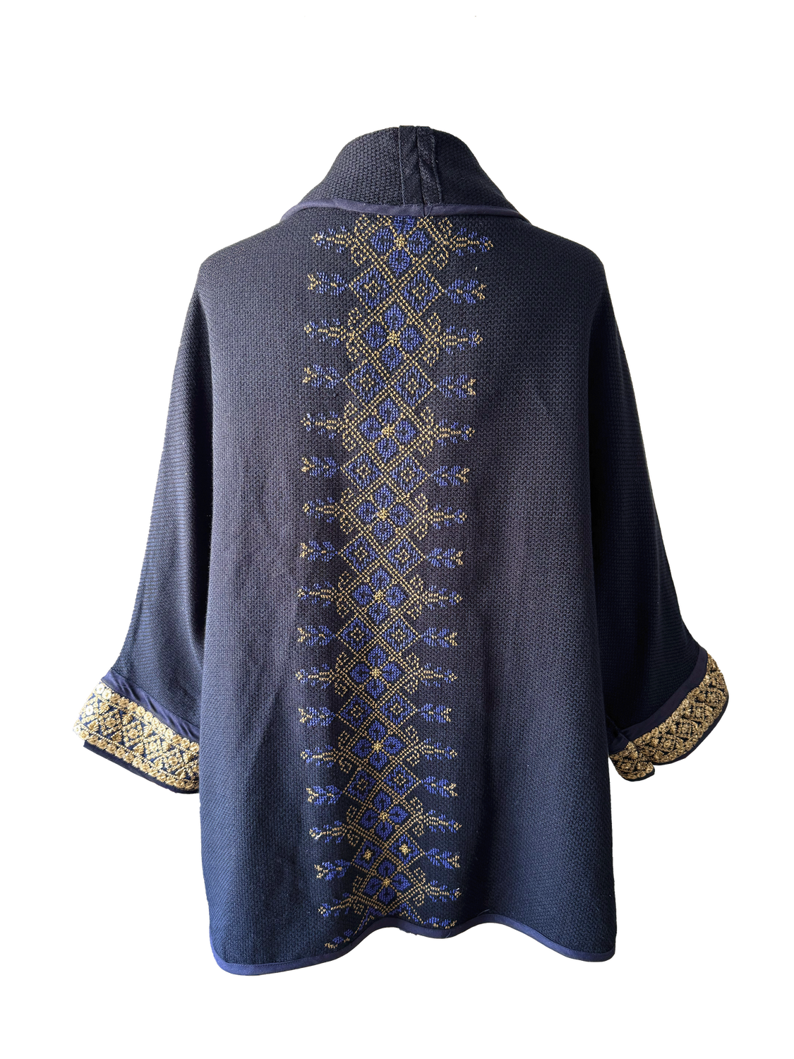 The Round Jacket in Navy Blue With Yellow Hand Embroidery