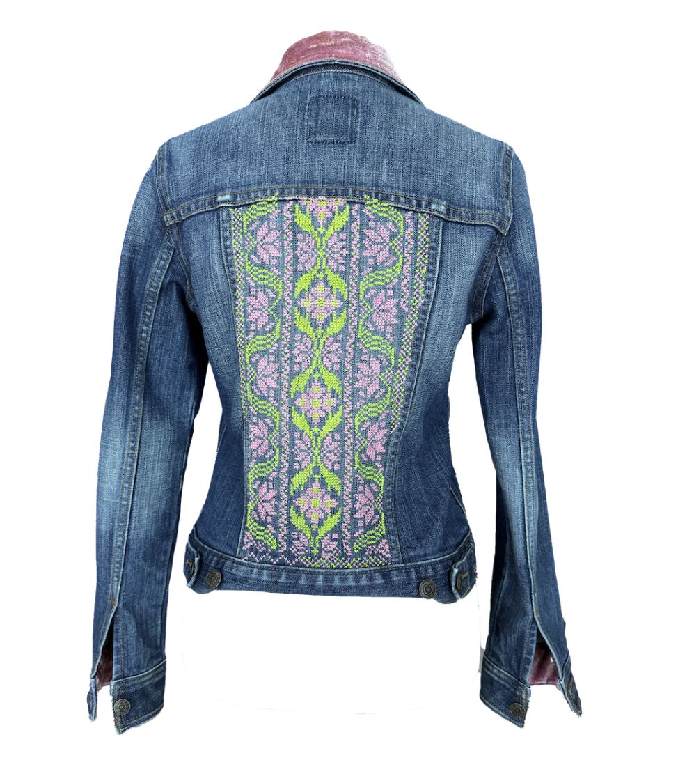 The Embroidered Denim Jacket in Pink and Lime Green