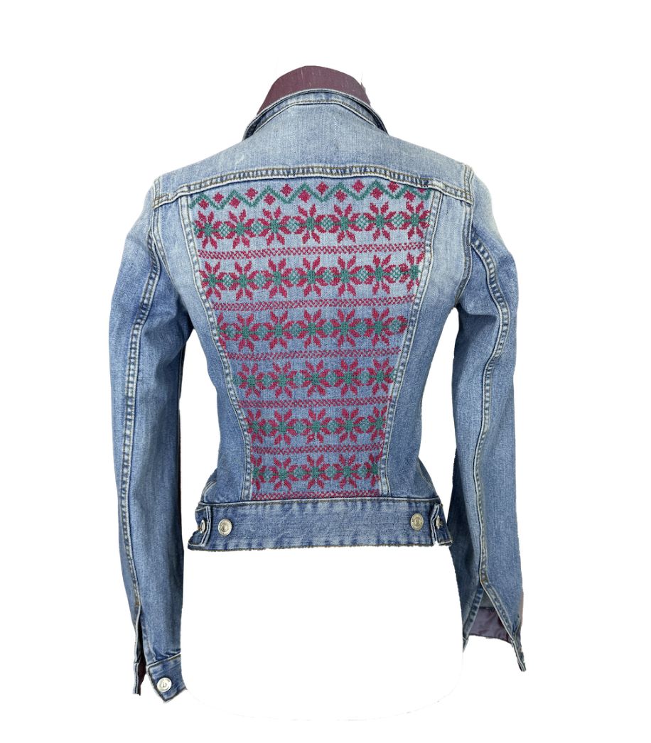 The Embroidered Denim Jacket in Pink and Green