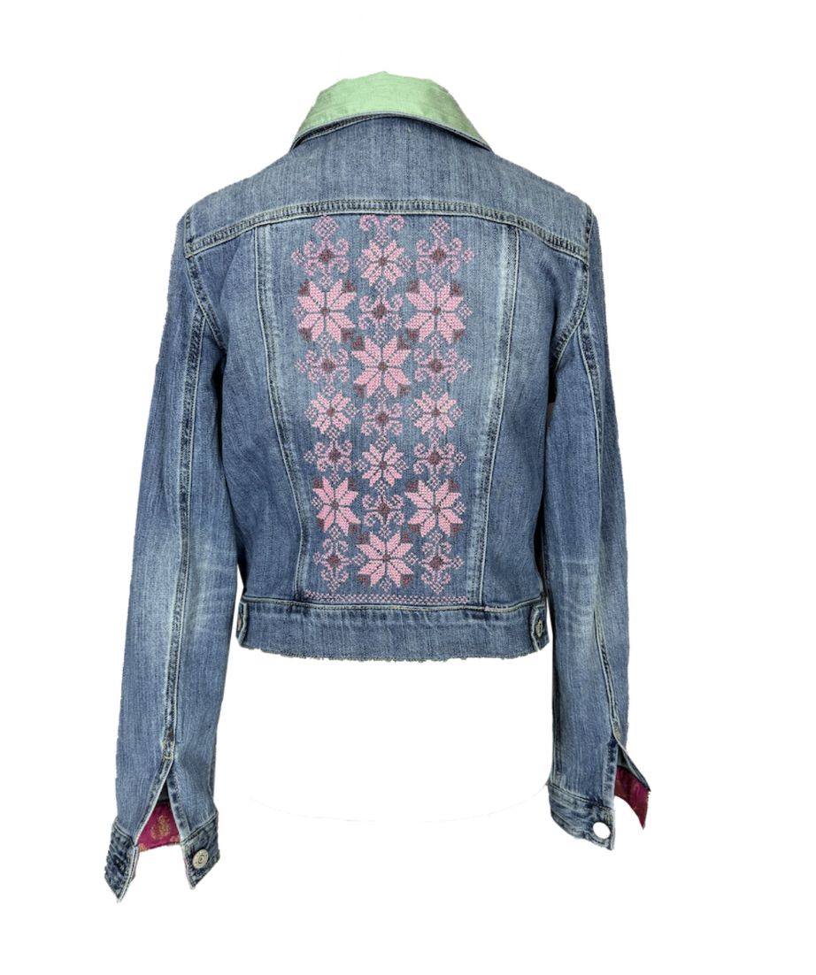 The Heavily Embroidered Denim Jacket in Pink With Mint Green Thai Silk and Indian Silk