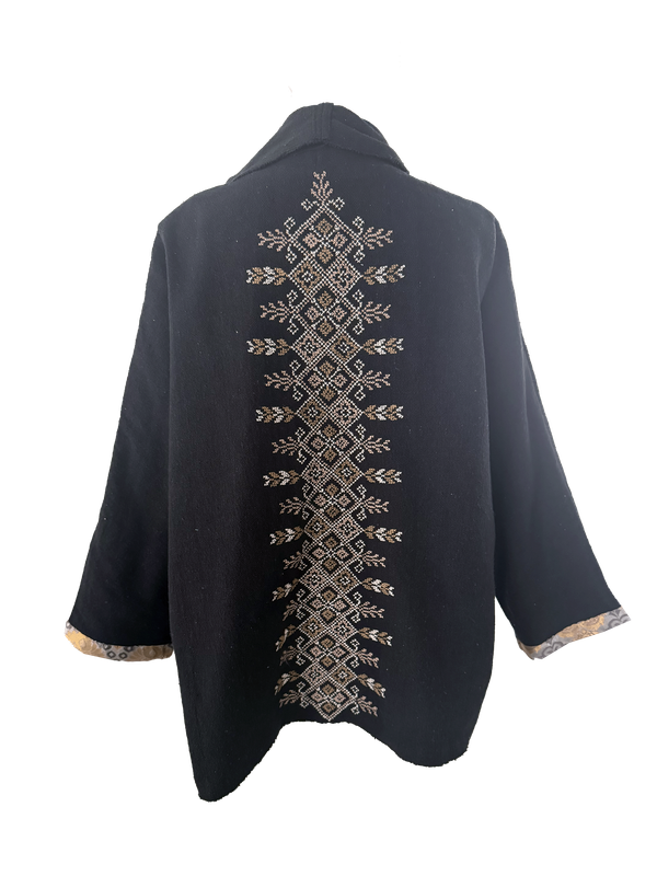The Round Jacket in Black With Beige Hand Embroidery