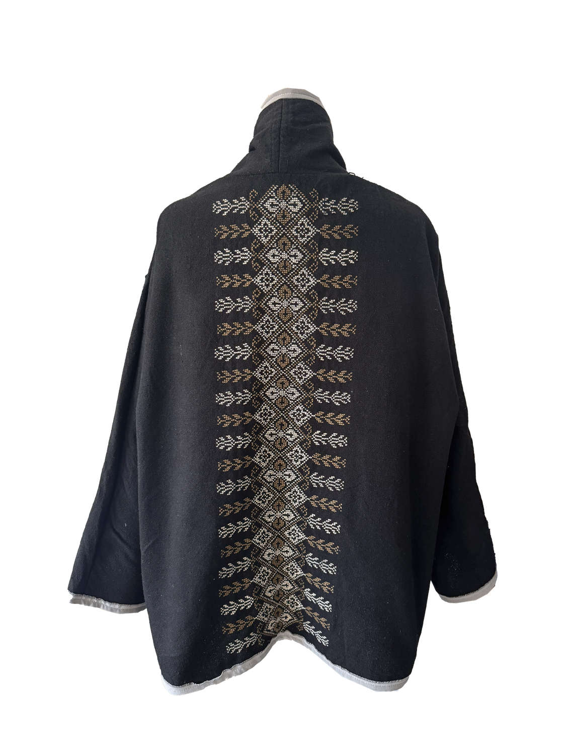 The Round Jacket in Black With White Trim and Hand Embroidery