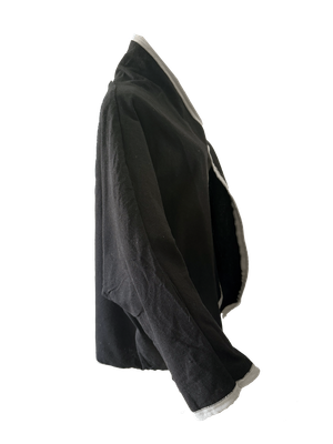 The Round Jacket in Black With White Trim and White Hand Embroidery