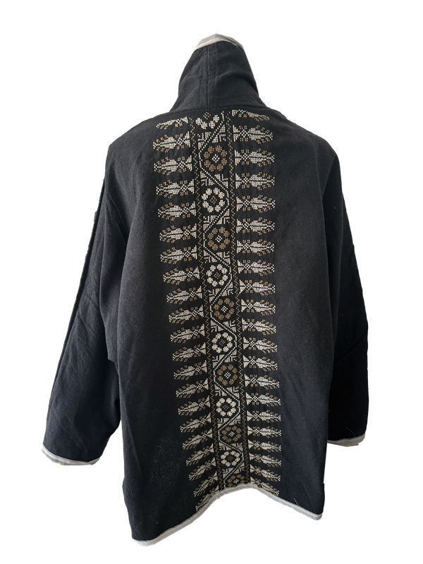 The Round Jacket in Black With White Trim and Beige Hand Embroidery