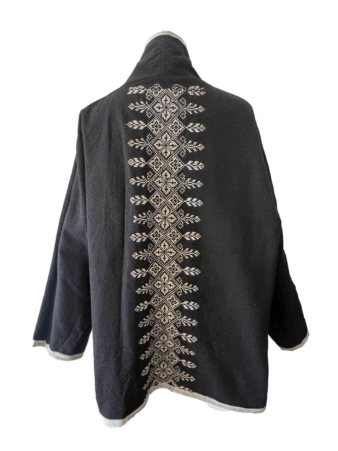 The Round Jacket in Black With White Trim and White Hand Embroidery