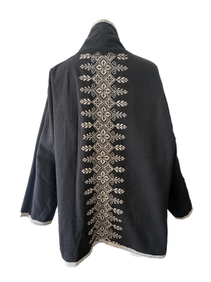 The Round Jacket in Black With White Trim and White Hand Embroidery