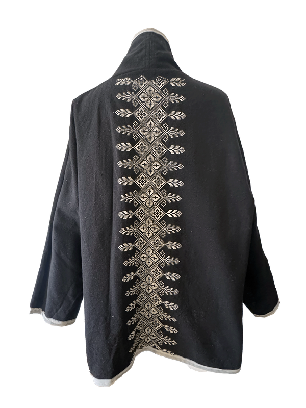 The Round Jacket in Black With White Trim and White Hand Embroidery