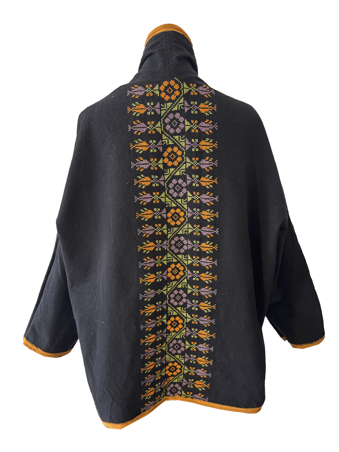 The Round Jacket in Black With Orange Trim and Green Hand Embroidery