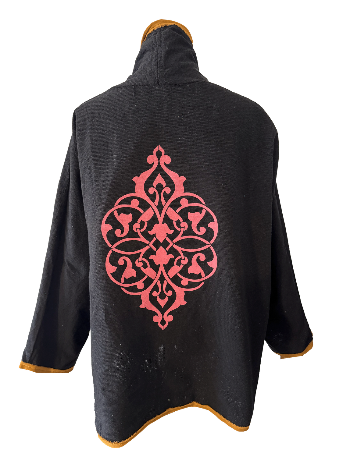 The Round Jacket in Black with Pink Silk Screen and Orange Trim