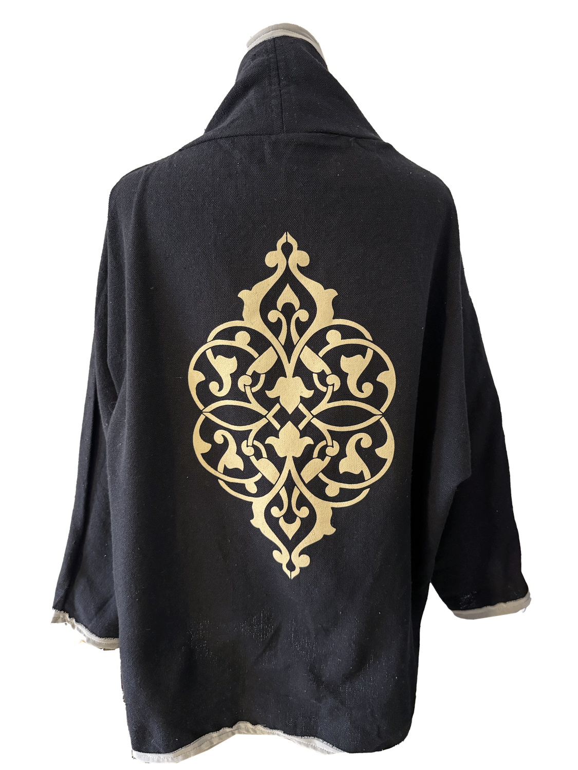 The Round Jacket in Black with Beige Silk Screen and White Trim