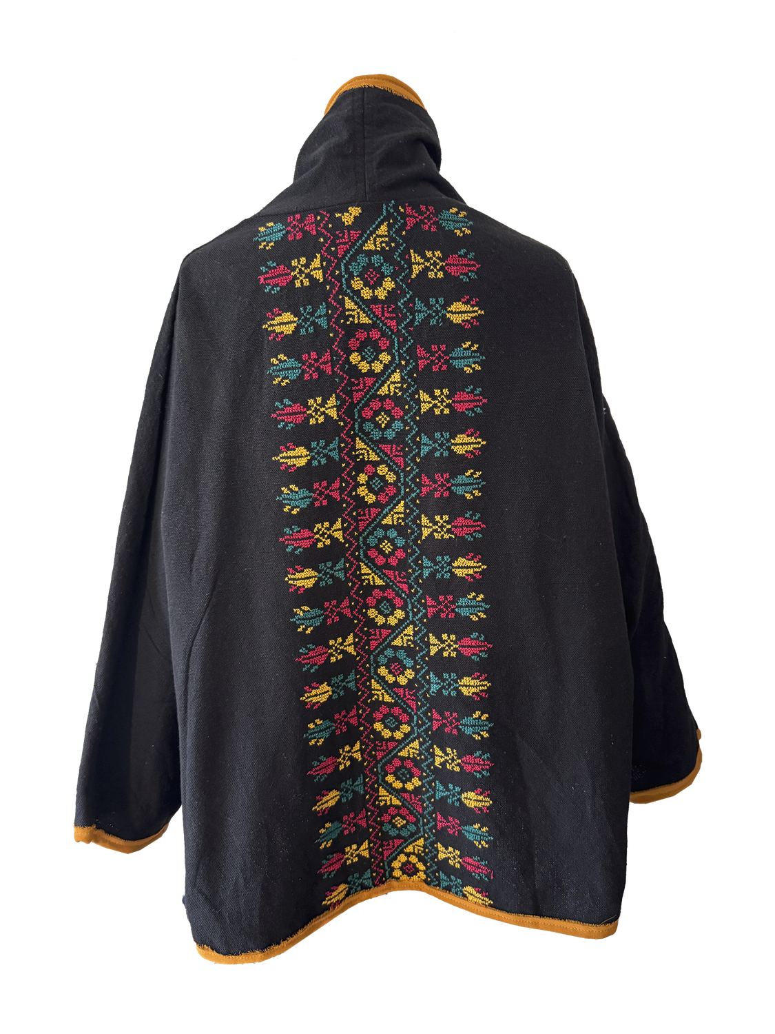 The Round Jacket in Black With Orange Trim and Hand Embroidery