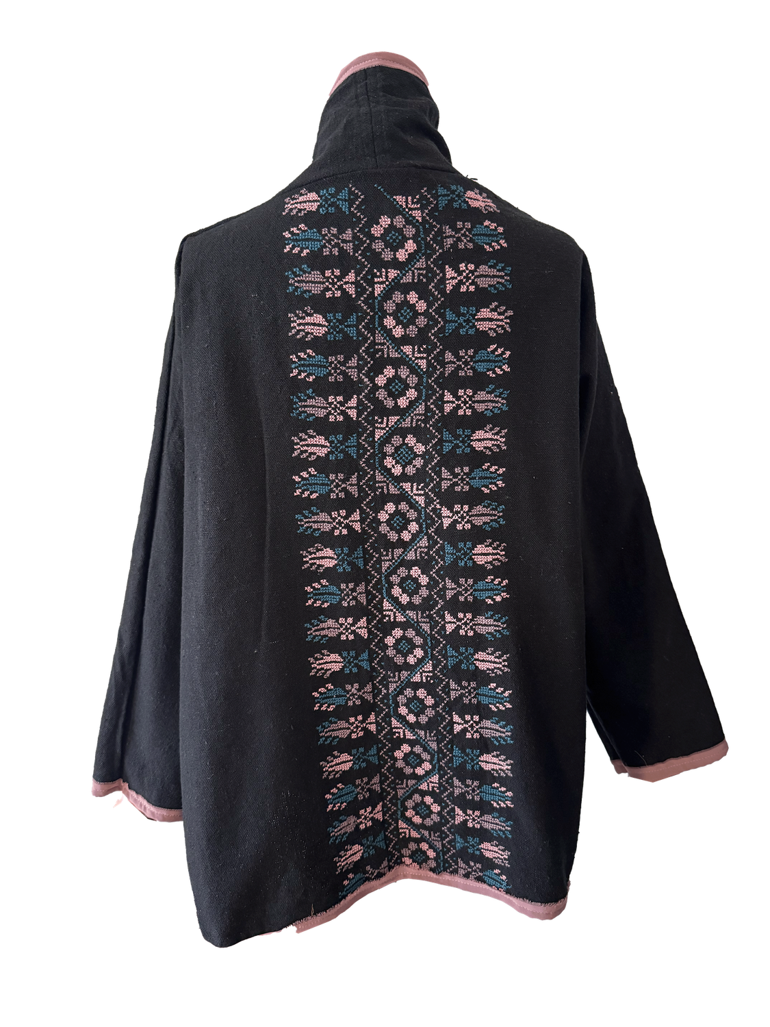 The Round Jacket in Black With Pink Trim and Hand Embroidery