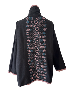 The Round Jacket in Black With Pink Trim and Hand Embroidery