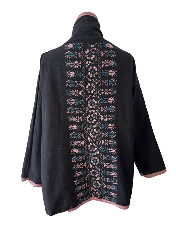 The Round Jacket in Black With Pink Trim and Hand Embroidery