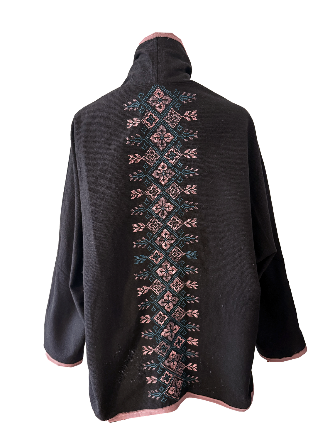 The Round Jacket in Black With Pink Trim and Pink Hand Embroidery