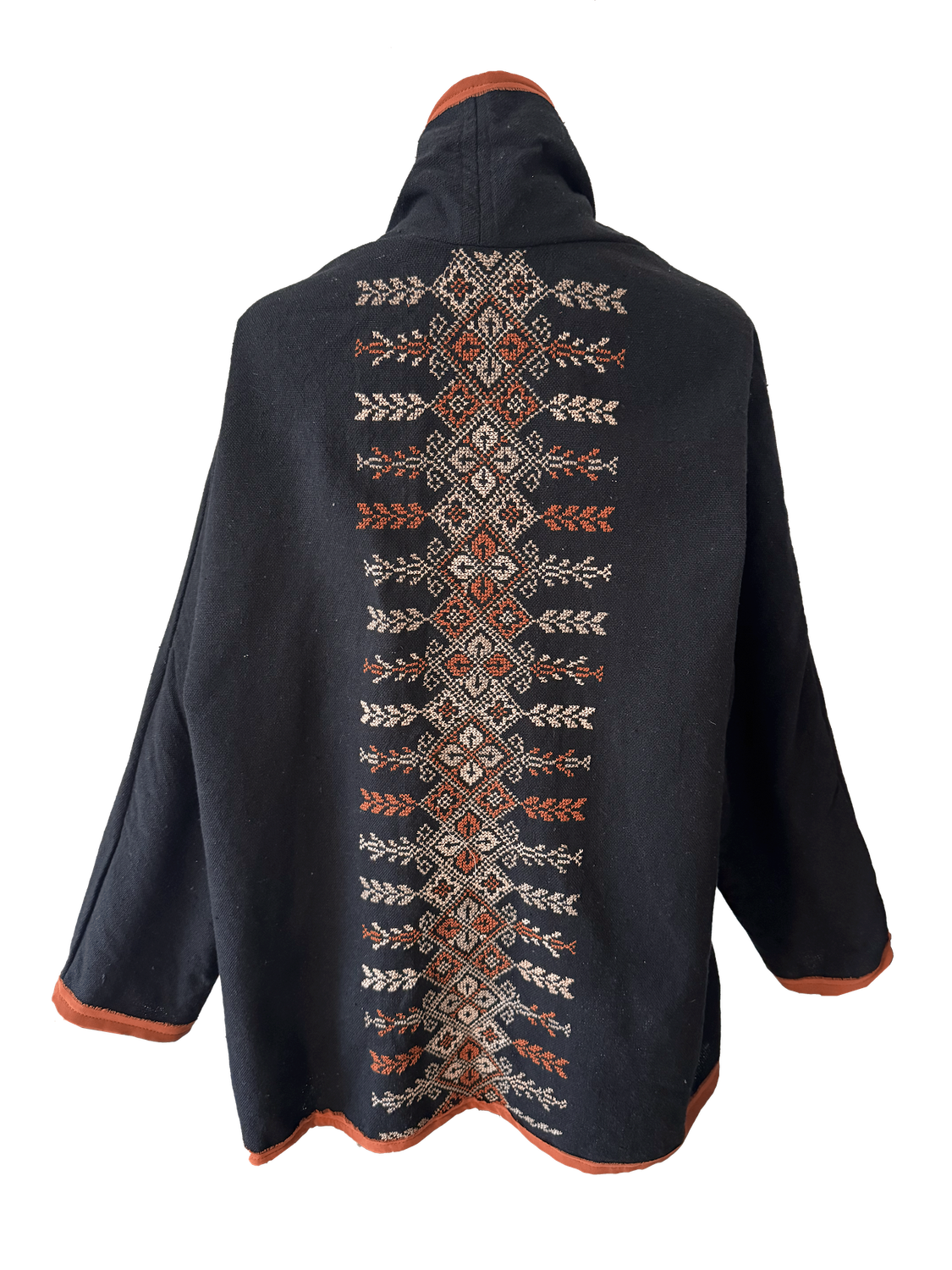 The Round Jacket in Black With Dark Orange Trim and Orange Hand Embroidery