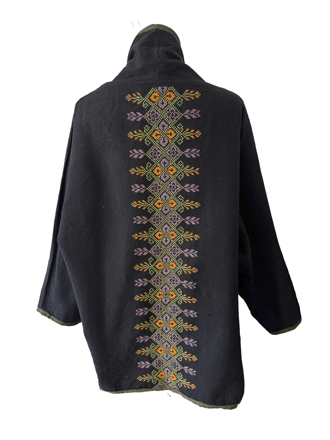 The Round Jacket in Black With Olive Green Trim and Hand Embroidery