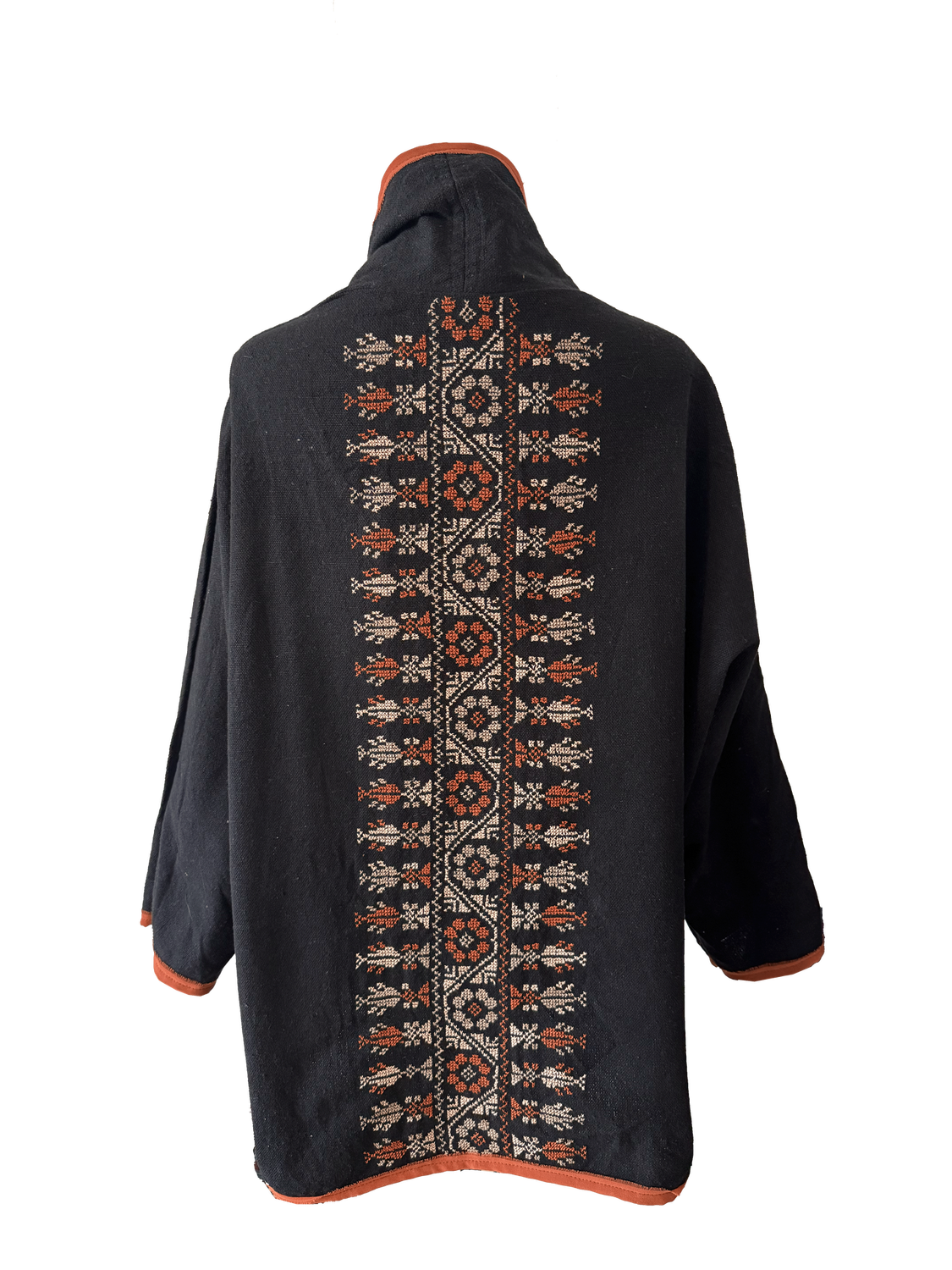 The Round Jacket in Black With Dark Orange Trim and Hand Embroidery