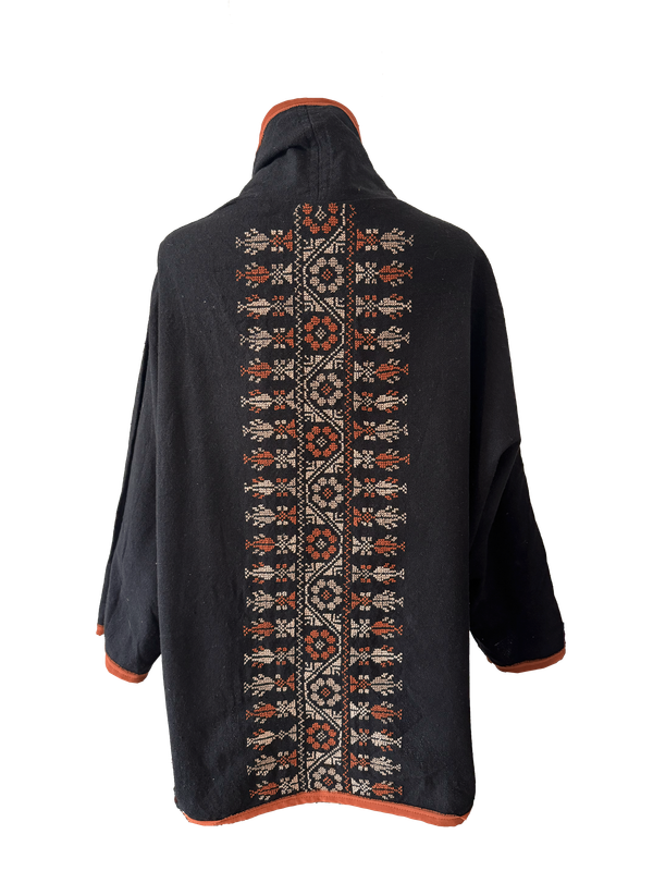 The Round Jacket in Black With Dark Orange Trim and Hand Embroidery