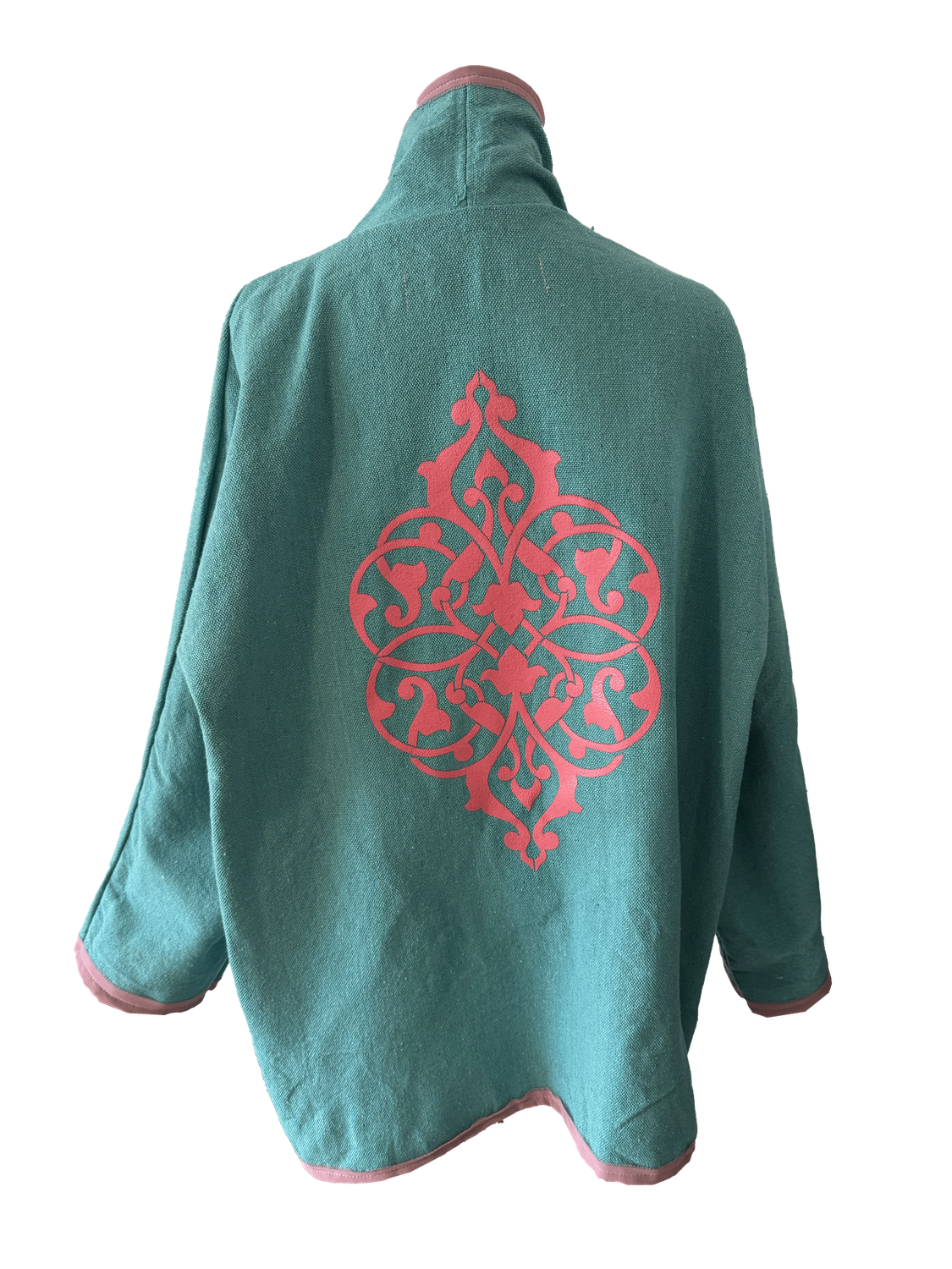 The Round Jacket in Turquoise  with Pink Silk Screen and Pink Trim