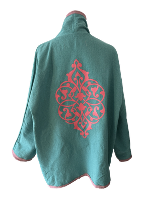The Round Jacket in Turquoise  with Pink Silk Screen and Pink Trim