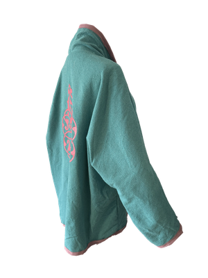 The Round Jacket in Turquoise  with Pink Silk Screen and Pink Trim
