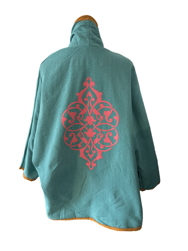 The Round Jacket in Turquoise with Pink Silk Screen and Orange Trim