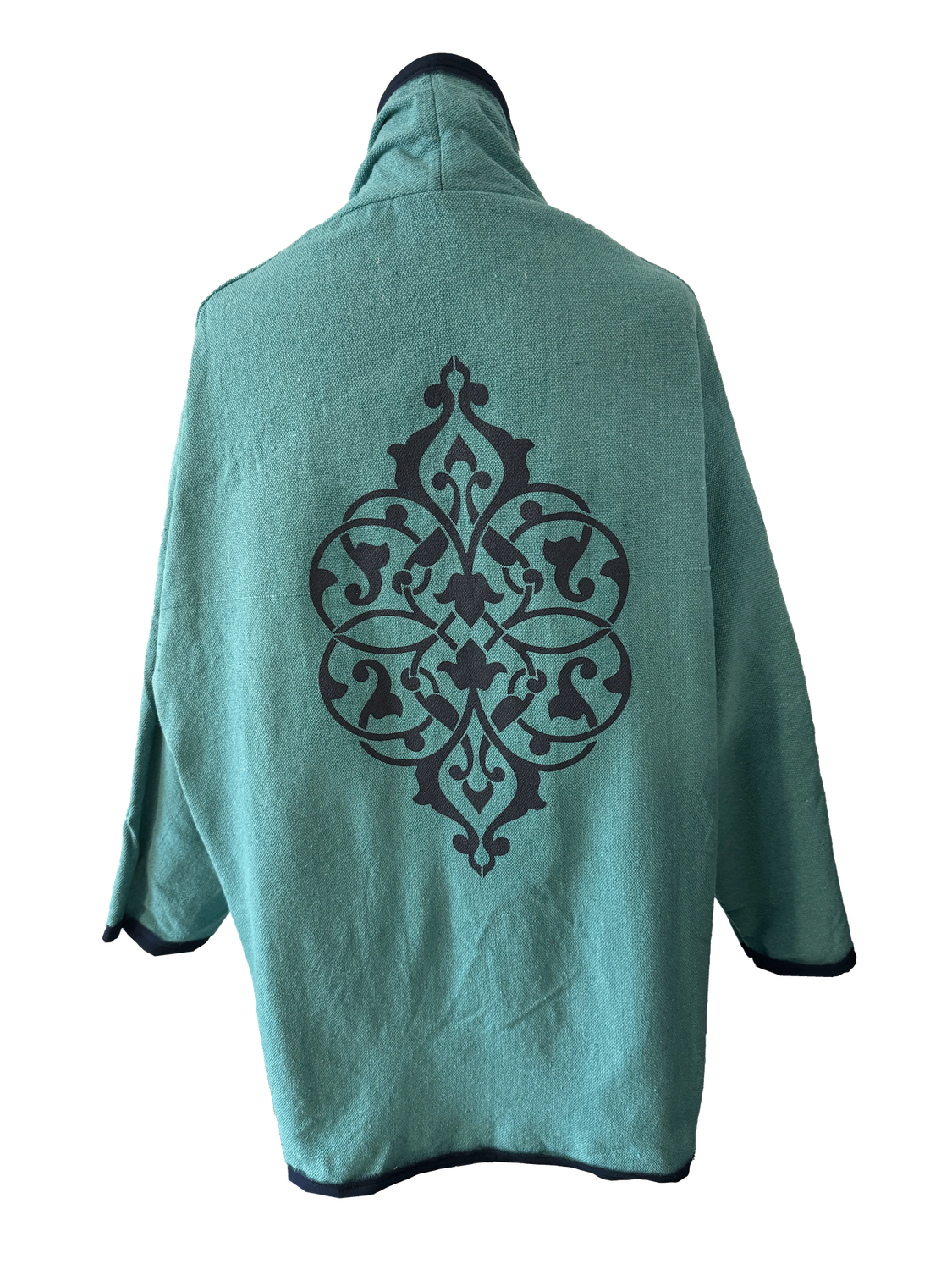 The Round Jacket in Turquoise with Navy Blue Silk Screen and Navy Trim