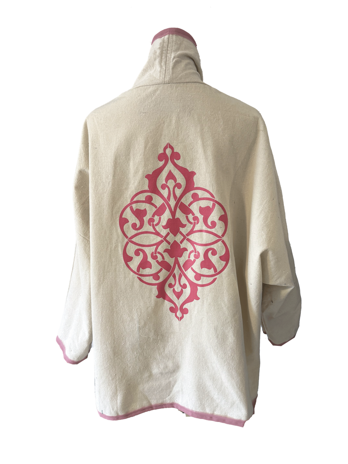 The Round Jacket in White with Pink Silk Screen and Pink Trim