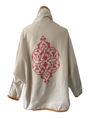 The Round Jacket in White with Pink Silk Screen and Orange Trim