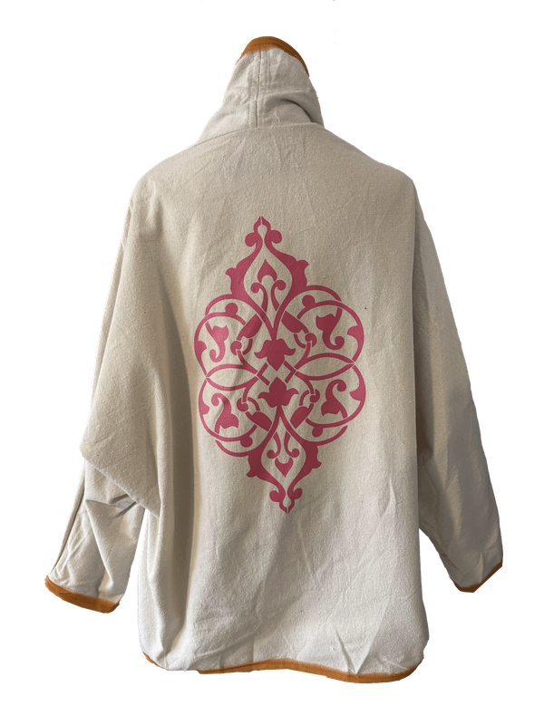 The Round Jacket in White with Pink Silk Screen and Orange Trim