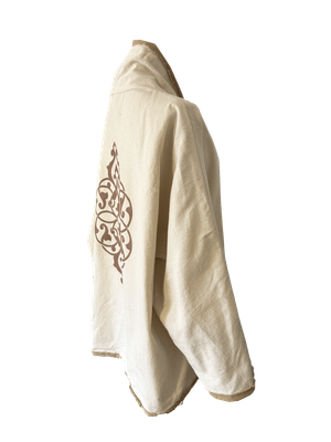 The Round Jacket in White with Beige Silk Screen and Beige Trim