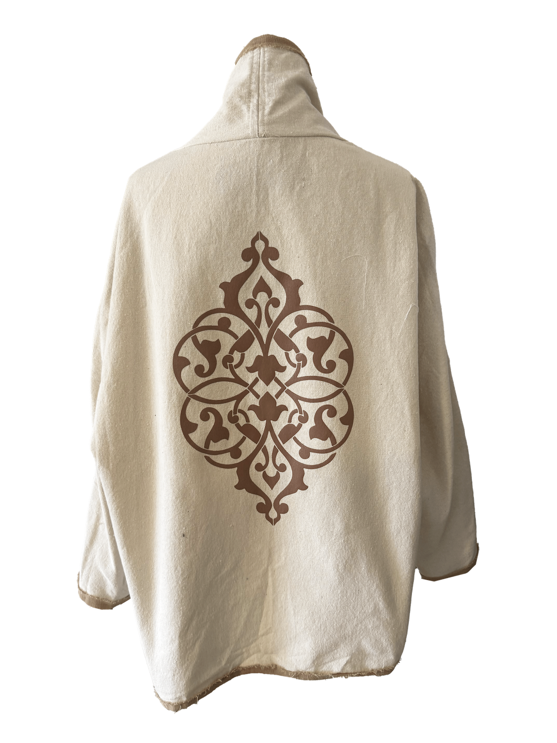 The Round Jacket in White with Beige Silk Screen and Beige Trim