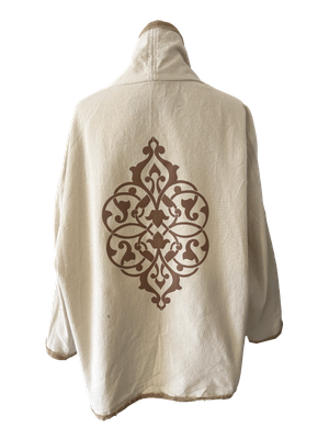 The Round Jacket in White with Beige Silk Screen and Beige Trim