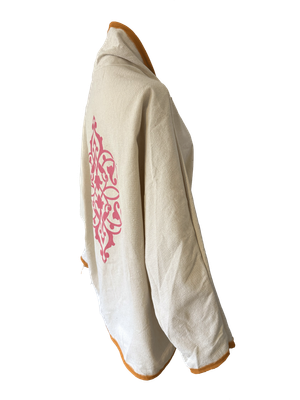 The Round Jacket in White with Pink Silk Screen and Orange Trim
