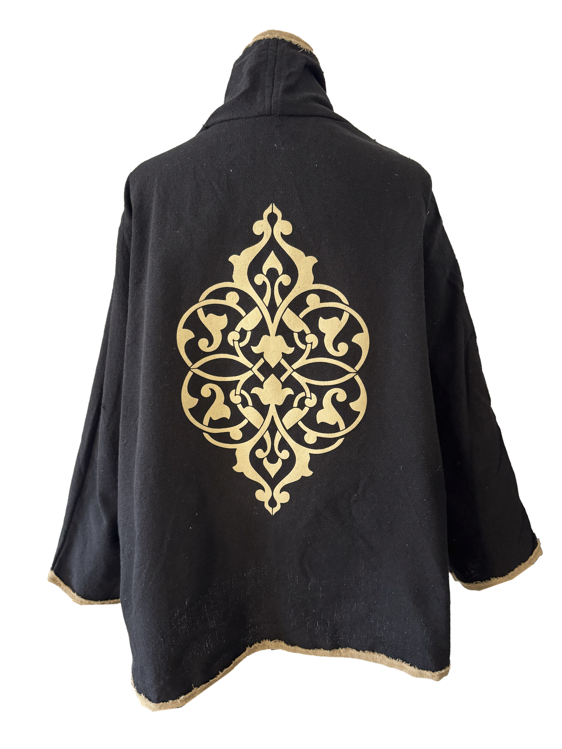 The Round Jacket in Black with Beige Silk Screen and Beige Trim