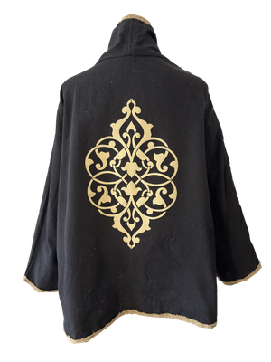 The Round Jacket in Black with Beige Silk Screen and Beige Trim